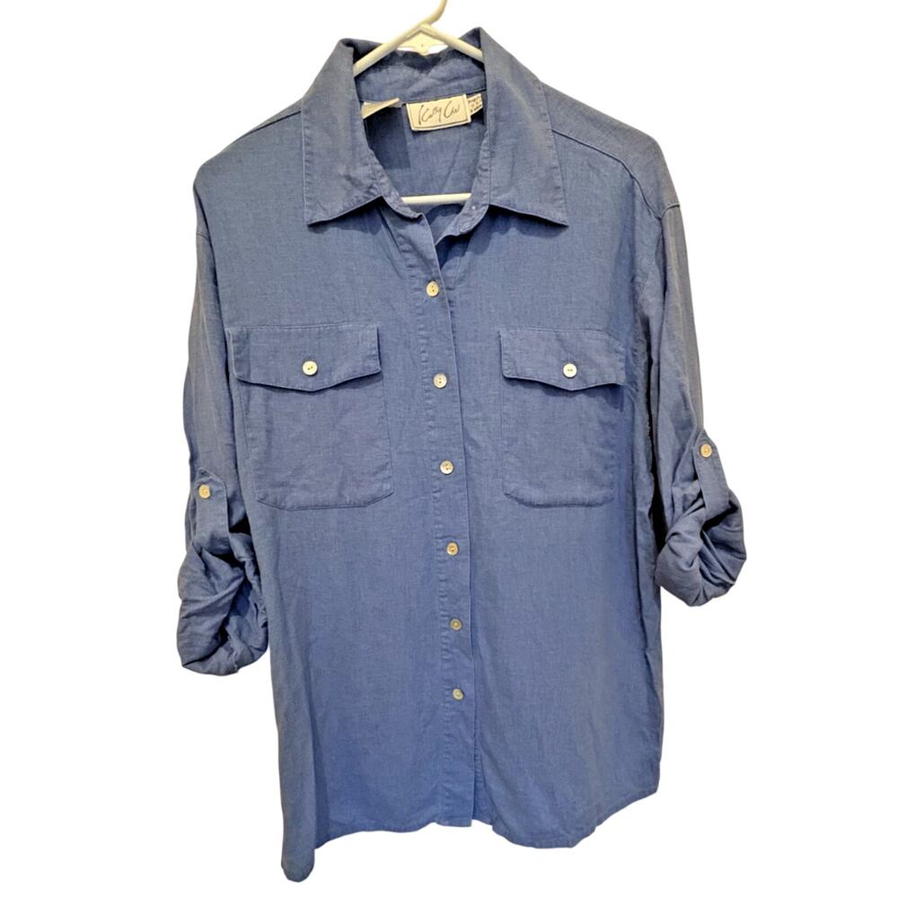 VTG Kathy Che Blue Button Up Blouse women’s 10 - Roll Tab Sleeves - Linen